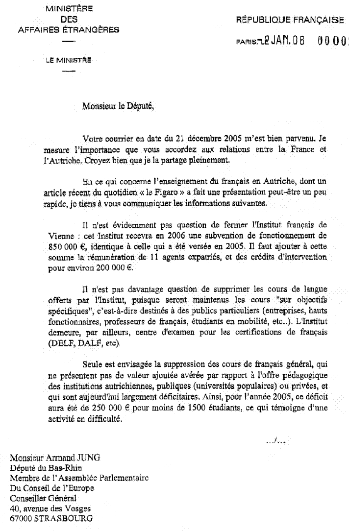 Texte intgral de la lettre du ministre  Armand Jung